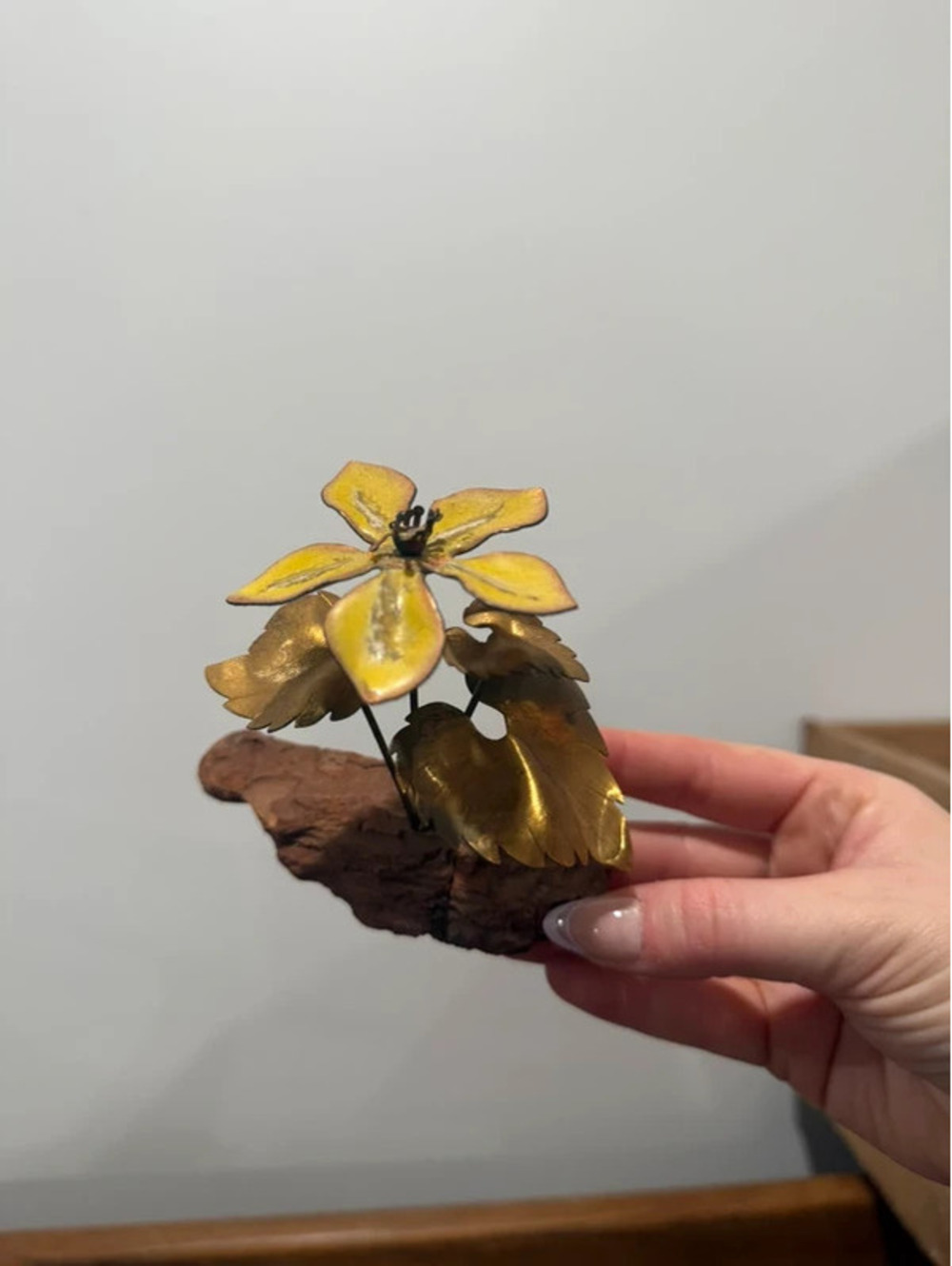 Vintage Brass & Enamel Flower Sculpture on Wood